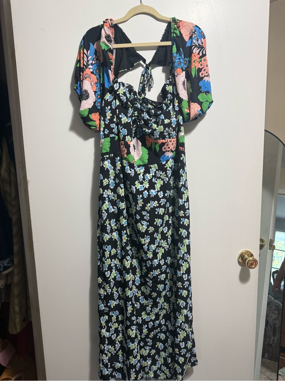 Floral Black Midi Dress with Blue & Green Blooms